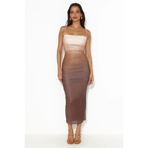 Hello Molly Ombre Lover Brown Bodycon Mesh Midi Dress Sz M Wedding - Picture 1 of 8